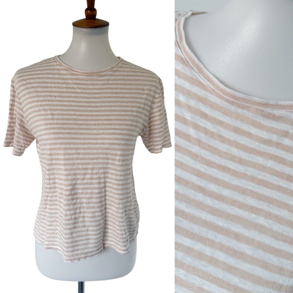 Vince Women XS White Tan Linen Short Sleeve Tee Shirt Stripe Preppy Quiet Luxury